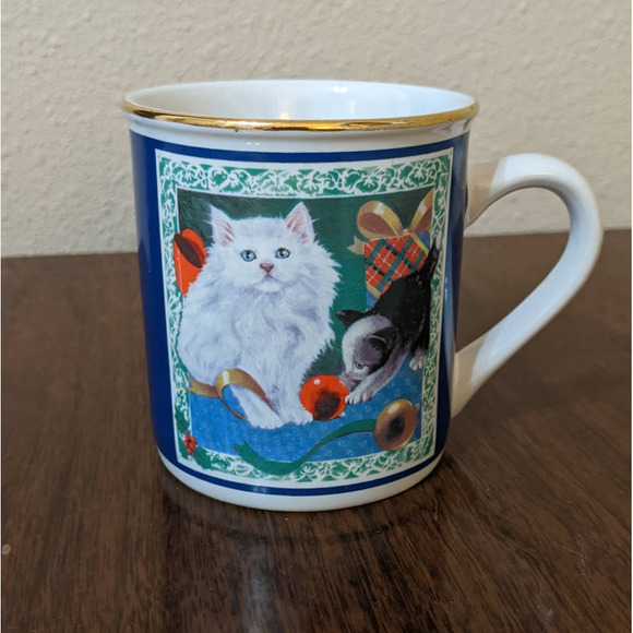Vintage Christmas Cat Mug by Papel, Cat Playing w/ Ornaments Gold Rim Coffee Cup - Picture 4 of 10